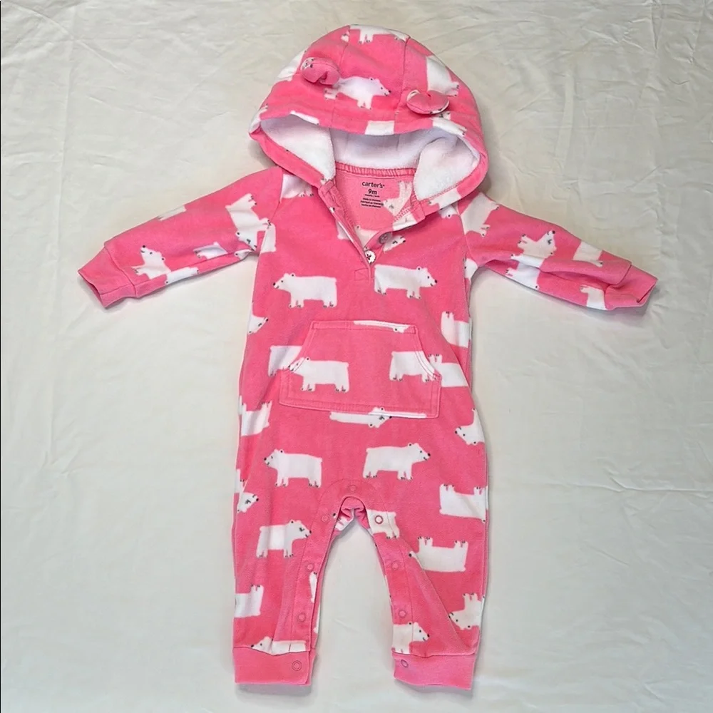 Carter's Pink and White fleece one piece with Polar Bears and Hood. VERY WARM.
